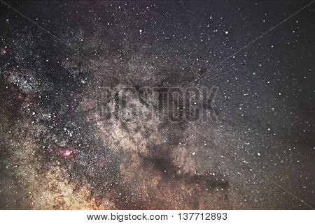 Milky Way galaxy. Core of Milky Way. Beautiful night sky. Real Starry Night. Real night sky. Exposure time 30 minutes