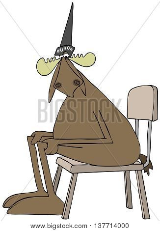 Illustration depicting a bull moose sitting in a chair and wearing a dunce cap.