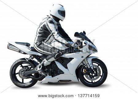 Biker sitting on a motorcycle isolated on white background