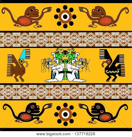 Monkey, eagle, sun and man playing the flute. Ethnic pattern of American Indians: Aztecs, Mayans, Incas. Vector illustration.
