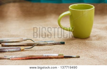 Artist Brush Lying On Sackcloth, Paint Brushes And Palette Knife, Oil Painting Impressionism,