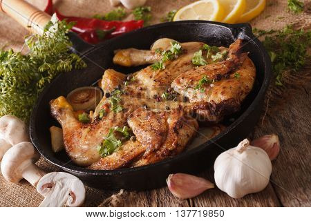 Hot Fried Chicken Tabaka With Ingredients Close-up. Horizontal