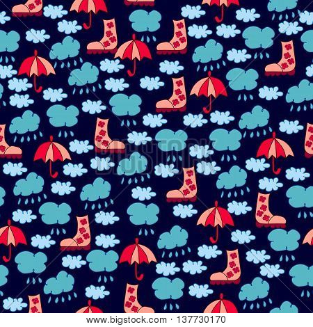 Autumn seamless pattern with clouds raindrops boots and umbrellas on dark blue background.