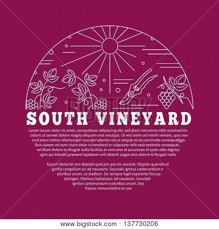 Winemaking, wine tasting flyer, poster with winery symbols in circle with place for your text. Vector template with winery graphic design elements in mono line style isolated on red background.