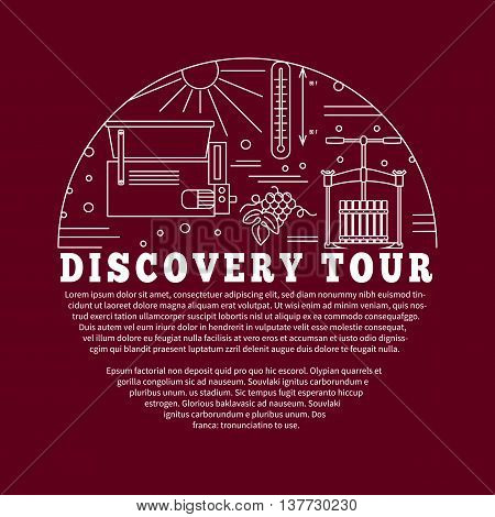Winemaking, wine tasting flyer, poster with winery symbols in circle with place for your text. Vector template with winery graphic design elements in mono line style isolated on red background.
