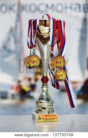 Kaliningrad Russia - July 09 2016: Regatta cup cosmonaut Leonov on the podium at the Verhnee Lake on City Day of Kaliningrad