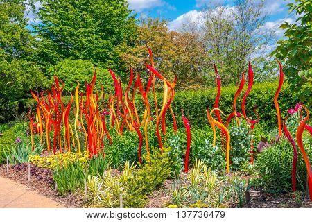 ATLANTA GA USA - APRIL 23 2016: Exhibition of glass artist Chihuly takes place in the Atlanta Botanical Garden in Atlanta Georgia in 2016.
