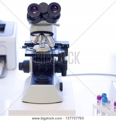 Microscope for medical analyzes and tests closeup