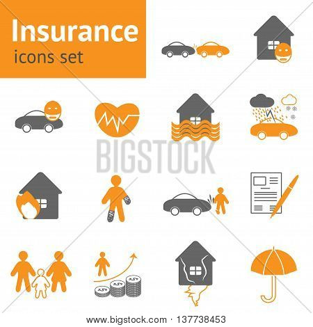 Life healthy home and car insurance flat icons element collection in orange and grey colors