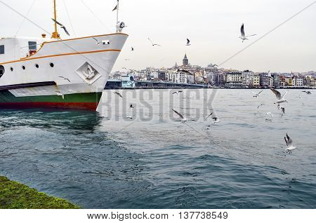 Istanbul Strait ferry and seagulls. Gulls to feed the passion of ferry passengers. Galata bridge and Galata tower in the background.