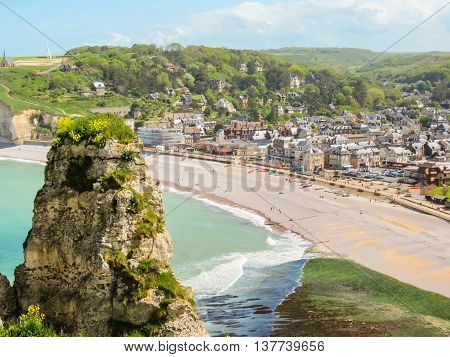Top of white chalk cliffs - Cote d'Albatre or Alabaster Coast. Aerial view of Etretat, France