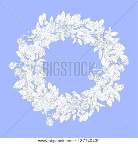 Round wreath or frame with sprigs of blueberries and raspberries on a blue background. The branches are painted blue tench and filled with white.Wreath isolated from the background.Vector illustration