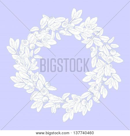 Round wreath or frame of branches of blueberry with berries on a blue background. The branches are painted blue tench and filled with white. Wreath isolated from the background. Vector illustration.