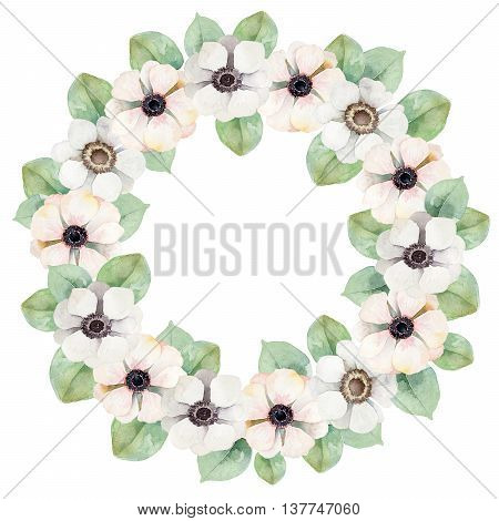 Round composition with pink anemones isolated on white background. Watercolor illustration