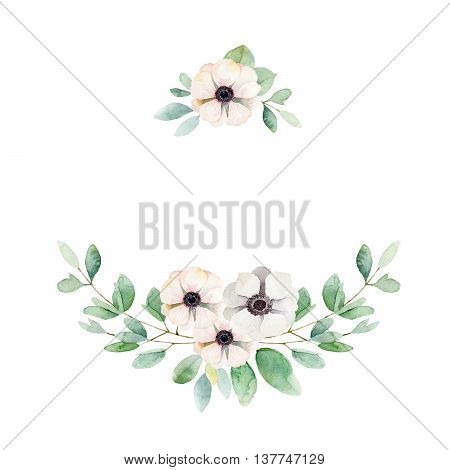 Floral composition with anemones and leaves. Watercolor illustration