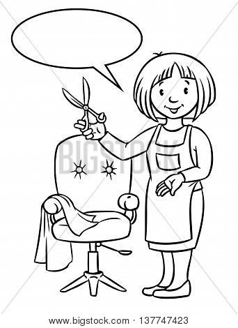 Coloring book of funny woman hairdresser with scissors near the barber chair in round frame with cartouche. Profession ABC series. Children vector illustration. With balloon for text.