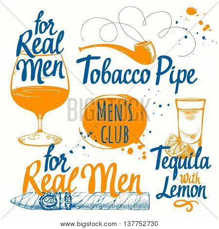 Drinks and cigars in sketch style. Vector illustration with cigars pipes tequila and brandy.