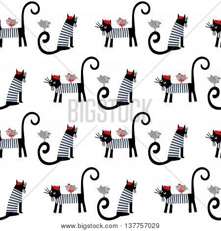 French style dressed animals seamless pattern. Cute cartoon parisian cats and birds vector illustration. Cute design for print on baby's clothes, textile, decor.