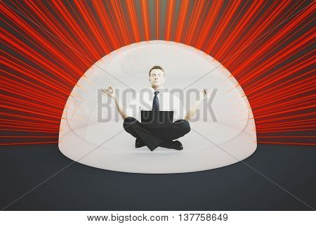 Internet security concept. Businessman with laptop meditating under shield attacked by numerous red laser rays on dark background. 3D Rendering
