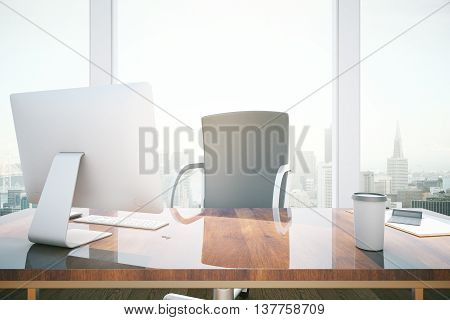 Closeup of wooden desktop with computer monitor coffee cup and paperwork in office interior with city view and daylight. 3D Rendering