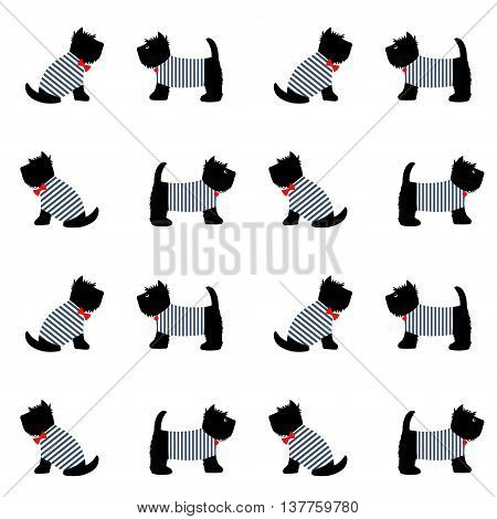 Scottish terrier in a sailor t-shirt seamless pattern. Cute cartoon dogs on white background illustration. Child drawing style puppy background. French style dressed dogs in striped frocks.
