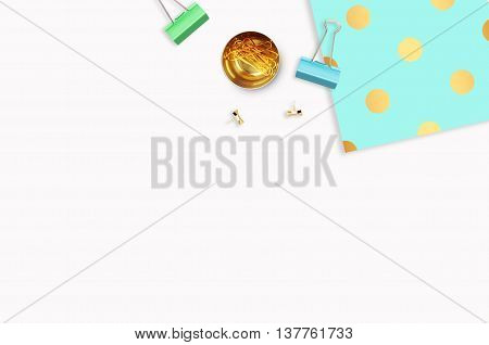 Background mock up. Hero and header for site. Flat lay. Stationery golden. Feminine scene. Woman modern desk top. Elegant background. Mint with gold polka dots pattern Flat lay.