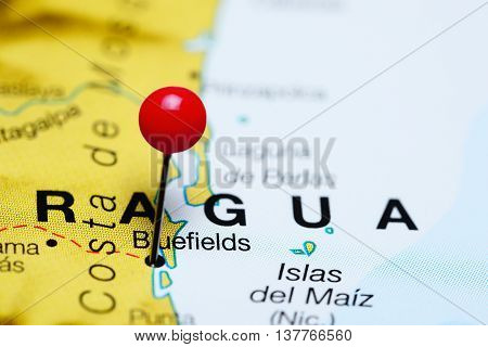 Bluefields pinned on a map of Nicaragua