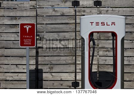 Lafayette IN - Circa July 2016: Tesla Supercharger Station. The Supercharger offers fast recharging of the Model S and Model X electric vehicles VII