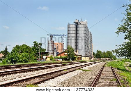 Silos and railway tracks in eastern Europe