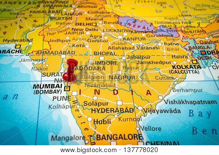 Red Thumbtack In A Map, Pushpin Pointing At Mumbai