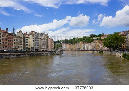 LION, FRANCE - JUNE 16, 2016:The view from river Sona to the bridge and Lyon city, France