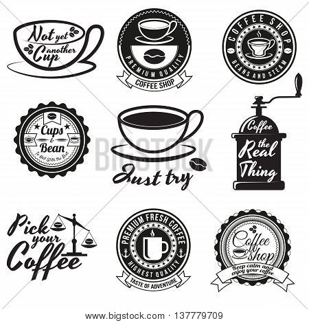 Set of vintage coffee badges and signs. Contains coffee cups coffee beans coffee mills and other design elements combined with different coffee slogans. For coffee shops restaurants or cafes.