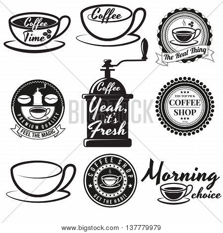 Set of vintage coffee badges and signs. Contains coffee cups coffee beans coffee mills and other design elements combined with different coffee slogans. For coffee shops restaurants or cafes.