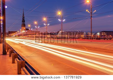 Riga, Latvia: Akmens tilts bridge at night