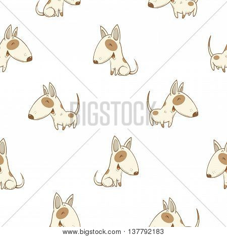 Seamless pattern with cute cartoon dogs breed  bullterrier on white  background. Little puppies. Children's illustration. Vector image. Funny animals.