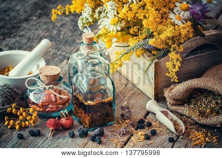 Bottles of tincture and dry healthy herbs wooden scoop bunch of healing herbs in wooden box on table. Herbal medicine. Retro styled. Selective focus.