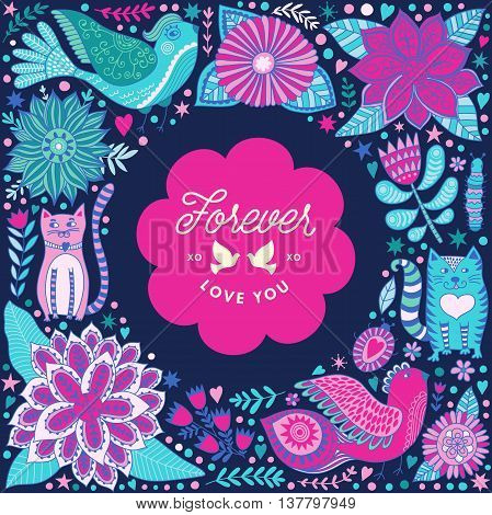 Wreath illustration made of flowers and herbs. Vector decorative frame and leaf. Spring elements. Floral doodles wreath.