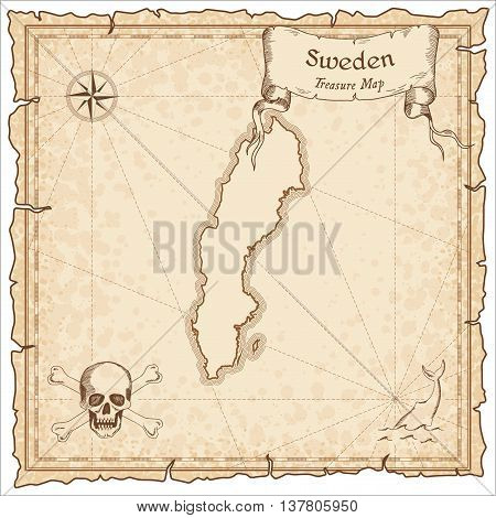 Sweden Old Pirate Map. Sepia Engraved Template Of Treasure Map. Stylized Pirate Map On Vintage Paper
