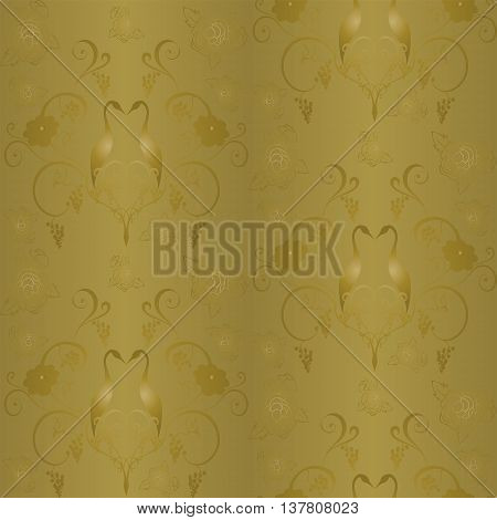 Seamless vector background with Golden pattern of grapes and twisted vines, flowers and two storks