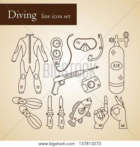 Vector line icons with diving equipment. Linear icons of scuba, oxygen balloon, diver knife, harpoon, spear gun, gauge, camera.