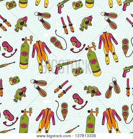 Vector seamless pattern with diving equipment. Scuba, oxygen balloon, diver knife, harpoon, spear gun, gauge camera