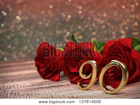 birthday concept with red roses on wooden desk. 3D render - ninetieth birthday. 90th