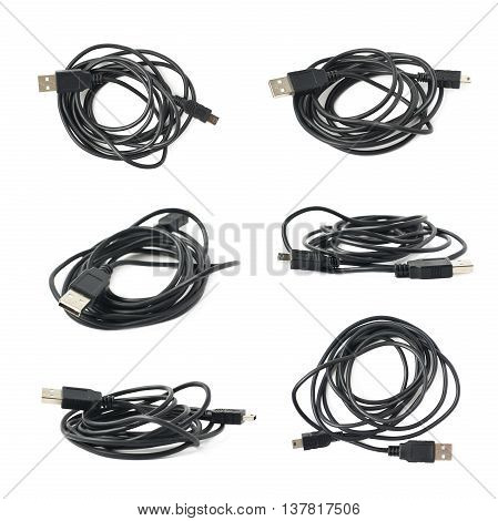 Folded USB to micro USB adapter cable isolated over the white background, set of six different foreshortenings