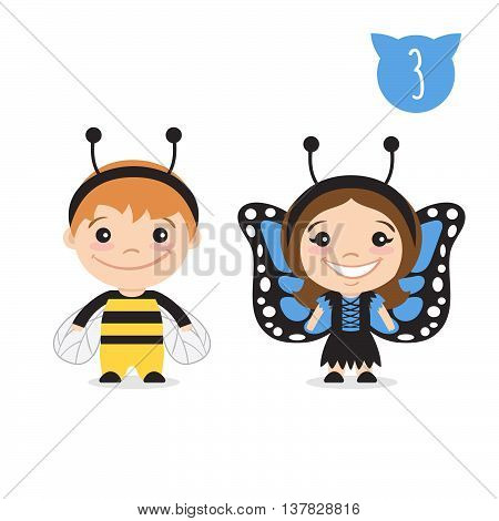 Vector illustration of two happy cute kids characters. Boy in bumblebee costume and a girl in butterfly costume.