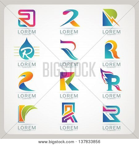 Logo letter R element and Abstract web Icon and globe vector symbol. Unusual sign icon and sticker set. Graphic design easy editable for Your design. Modern logotype icon.
