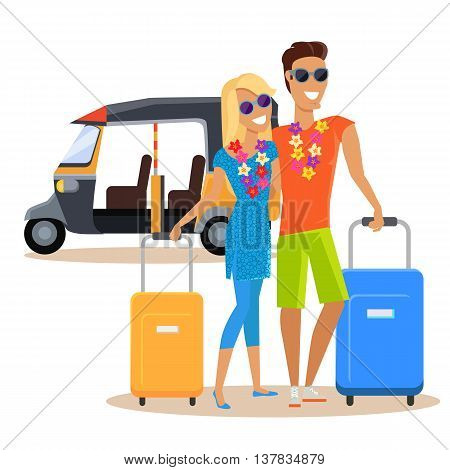 People traveling together during summer vacation vector flat design. Honeymoon in exotic countries concept. Young man and woman with necklace of flowers embracing and holding suitcases near moto taxi.
