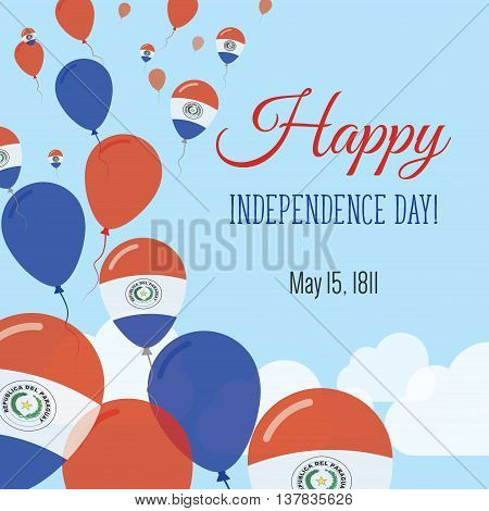 Independence Day Flat Greeting Card. Paraguay Independence Day. Paraguayan Flag Balloons Patriotic P