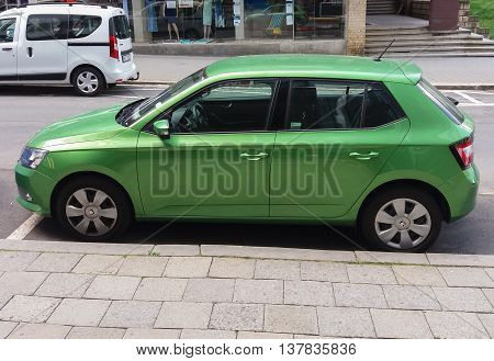 Light Green Skoda Fabia Car In Prague