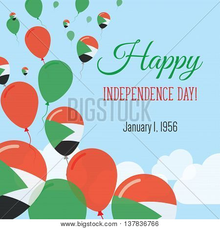 Independence Day Flat Greeting Card. Sudan Independence Day. Sudanese Flag Balloons Patriotic Poster