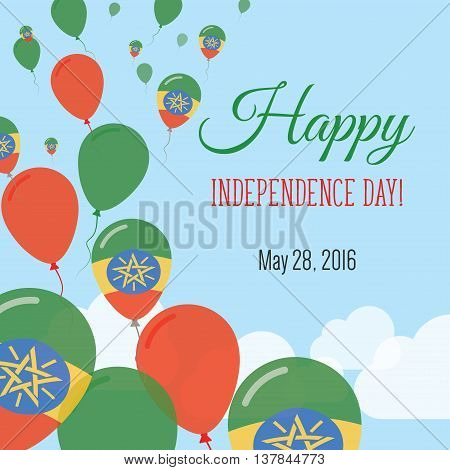 Independence Day Flat Greeting Card. Ethiopia Independence Day. Ethiopian Flag Balloons Patriotic Po